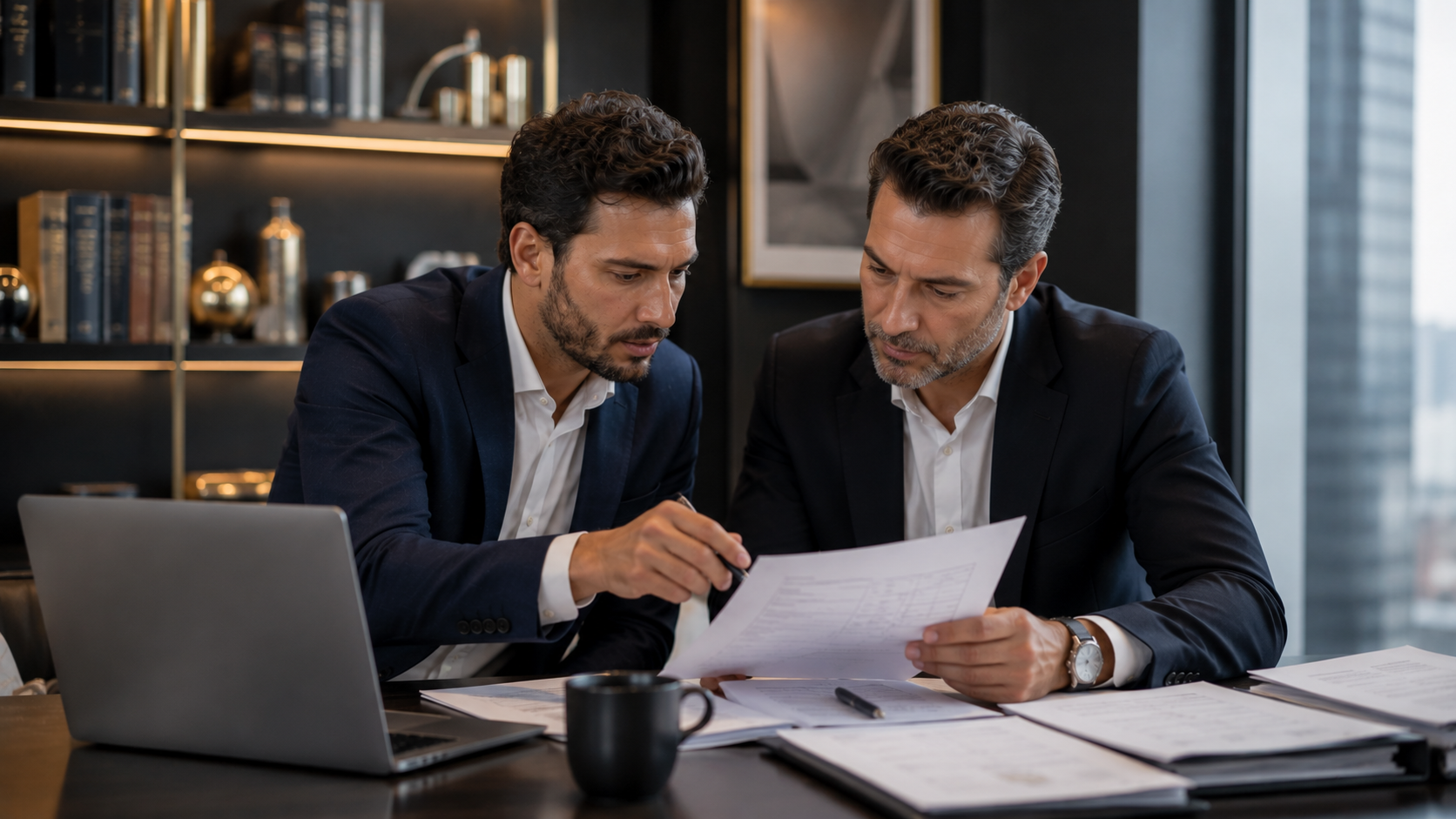Consultores analisando documentos de licitação em reunião corporativa