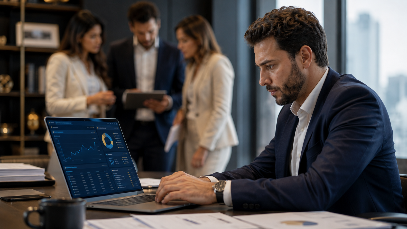 Consultor analisando dashboard de oportunidades e indicadores