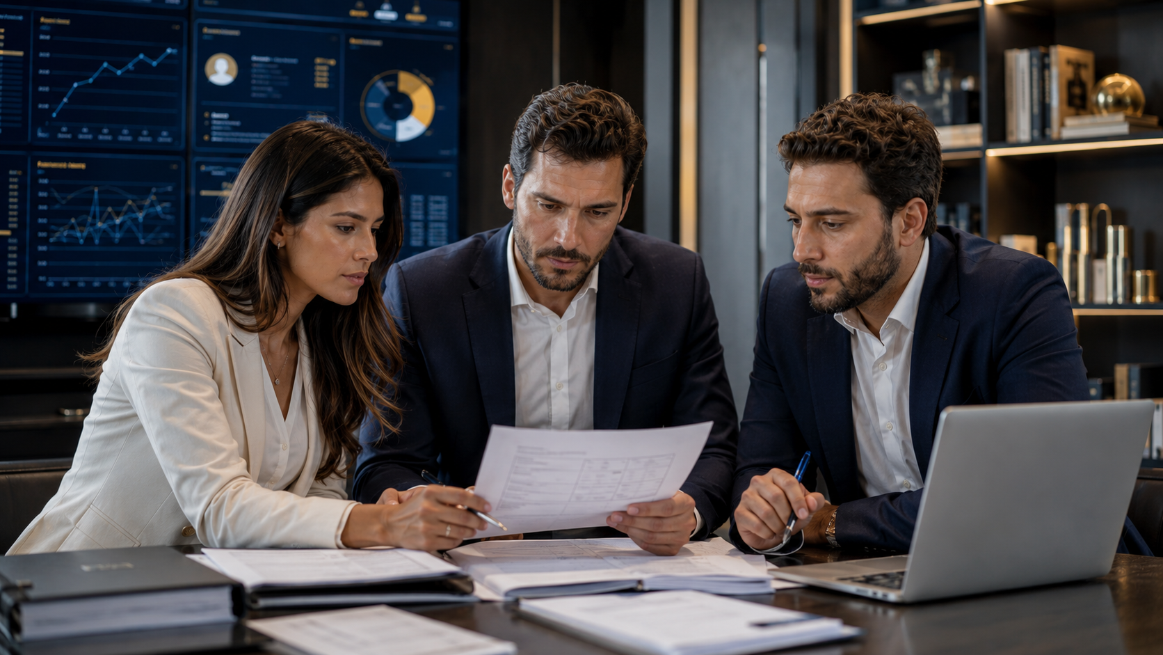 Equipe de consultores analisando dados e documentos de licitação