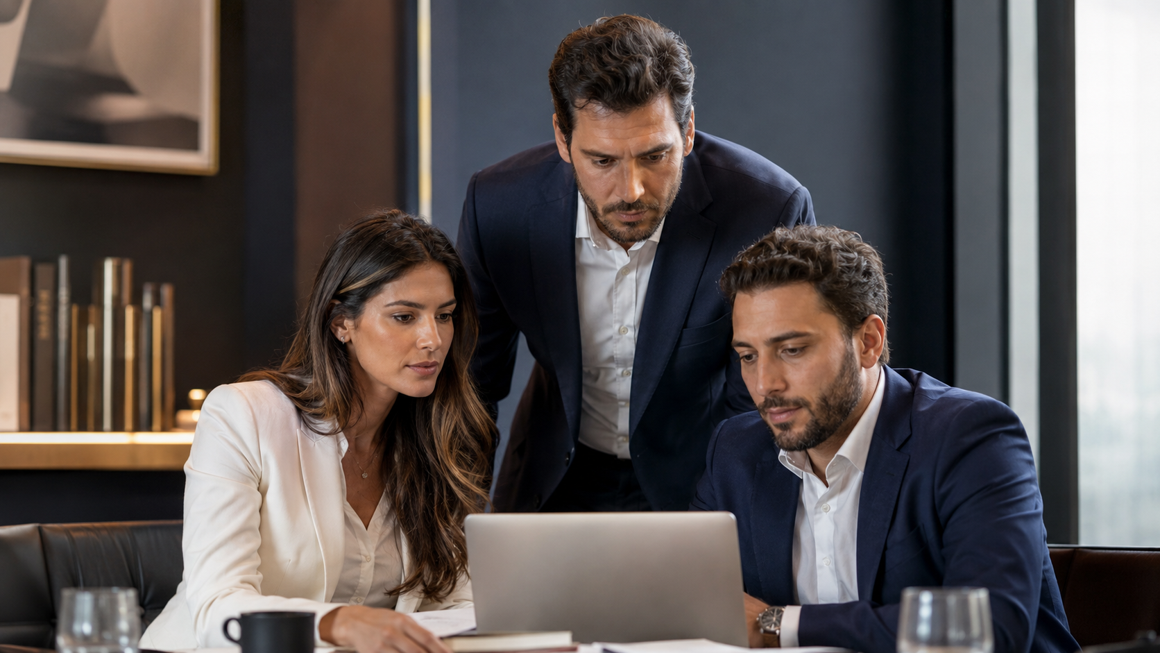 Equipe analisando dados em notebook durante consultoria
