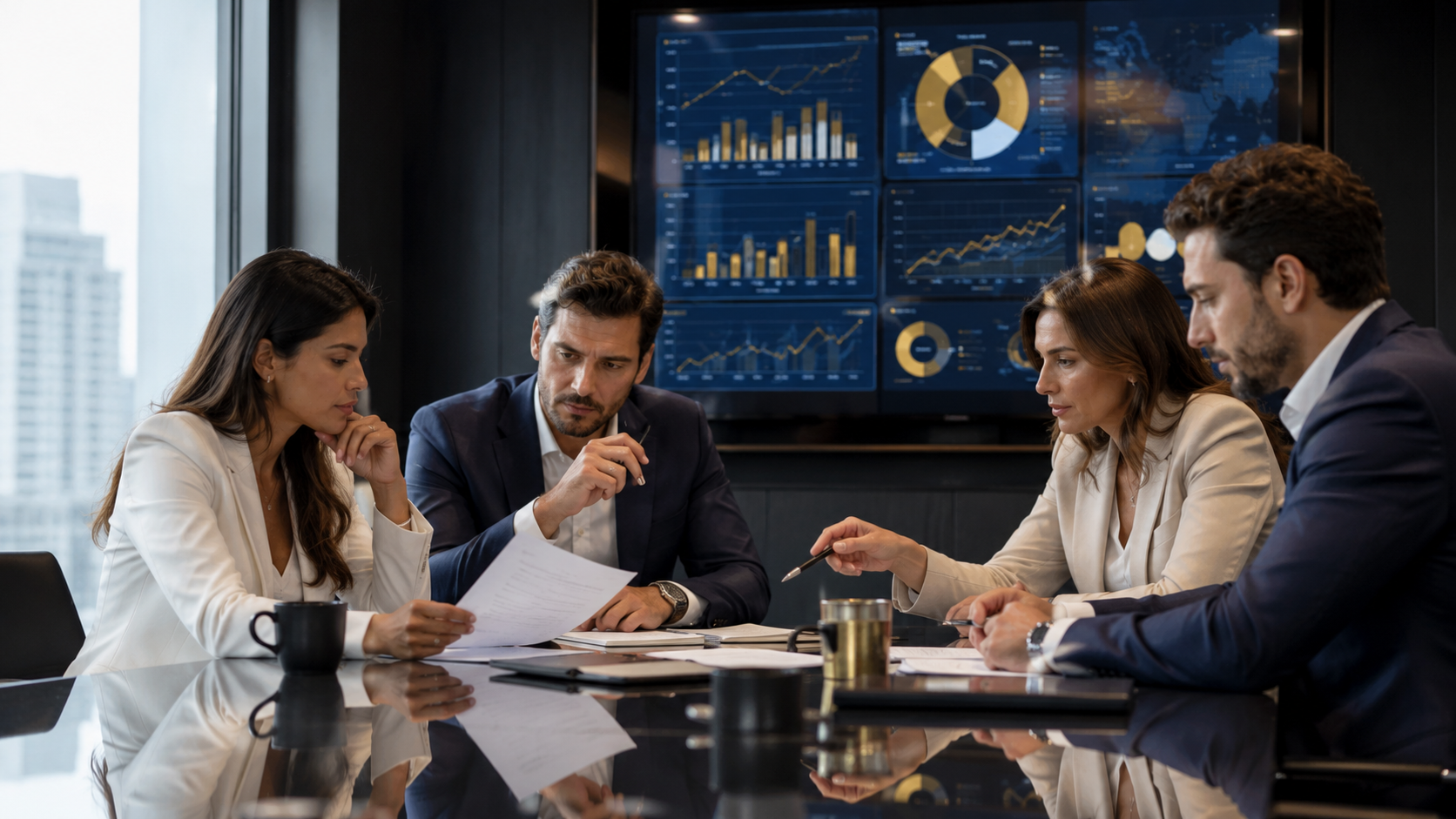 Equipe em reunião estratégica com dashboards ao fundo